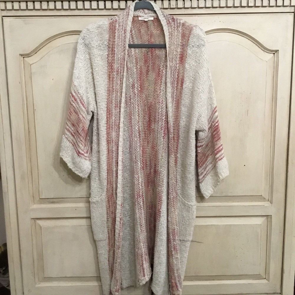 Easel Women’s Cream And Pink Long Flare Sleeve Cardigan Sweater Size M/L EUC